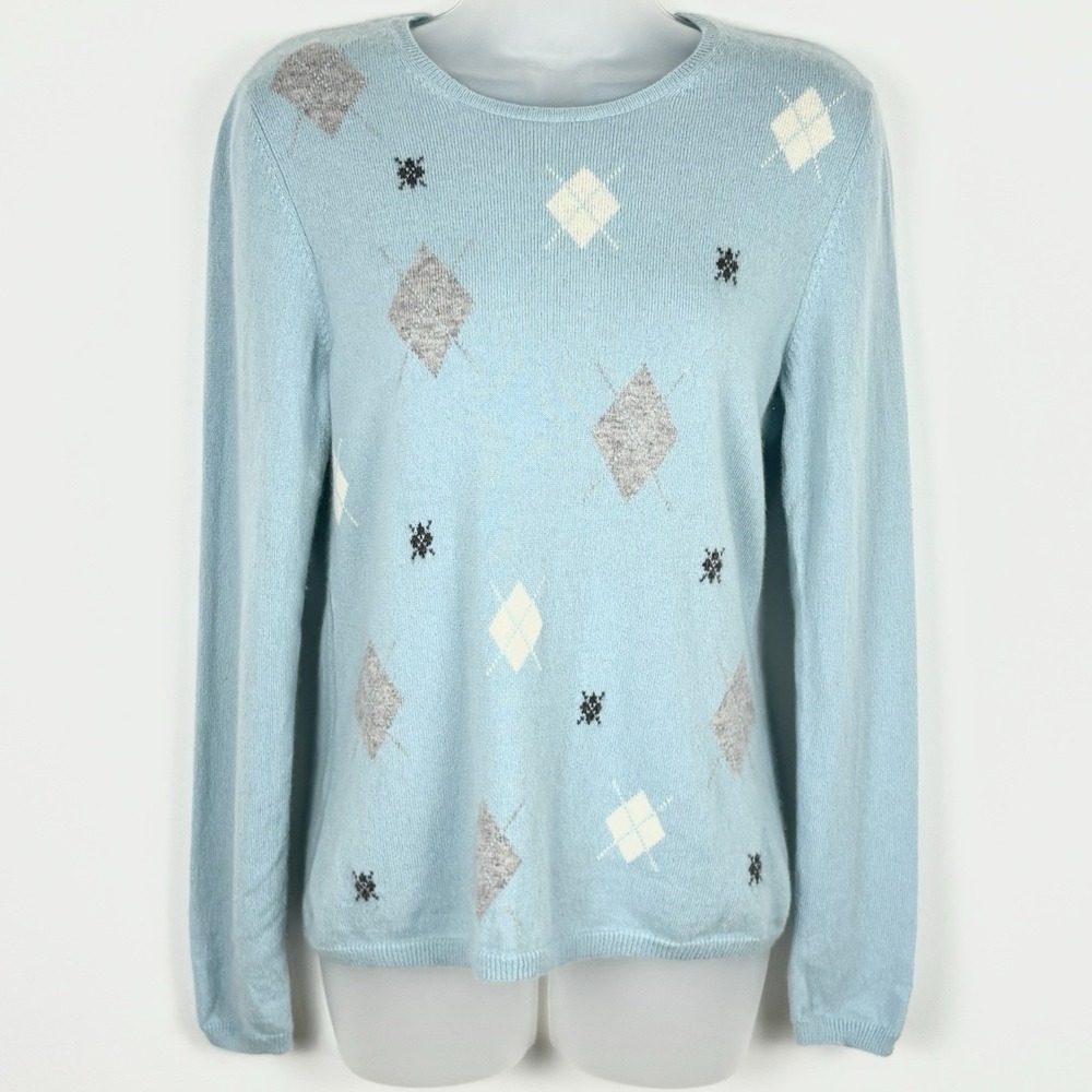 Charter Club Sweater Women M Baby Blue Knit Cashmere Argyle Crew Neck Pullover